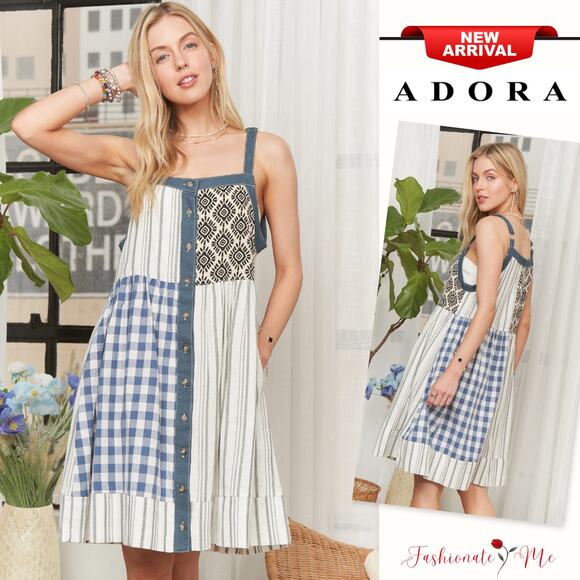 ADORA Patchwork Pattern Button Front Loose Fit Casual Mini Dress | Denim Navy - Picture 1 of 8